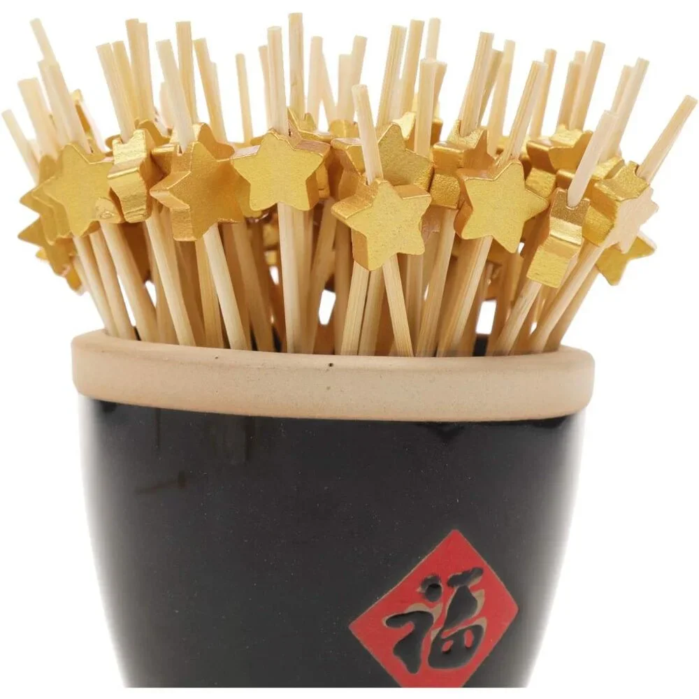 Premium Bamboo Cocktail Picks - 100 Eco-Friendly, Gold Star Sticks for Events